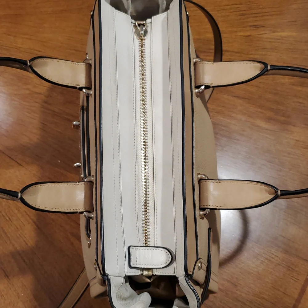 Neutral Beige Leather Satchel Handbag with Gold Hardware